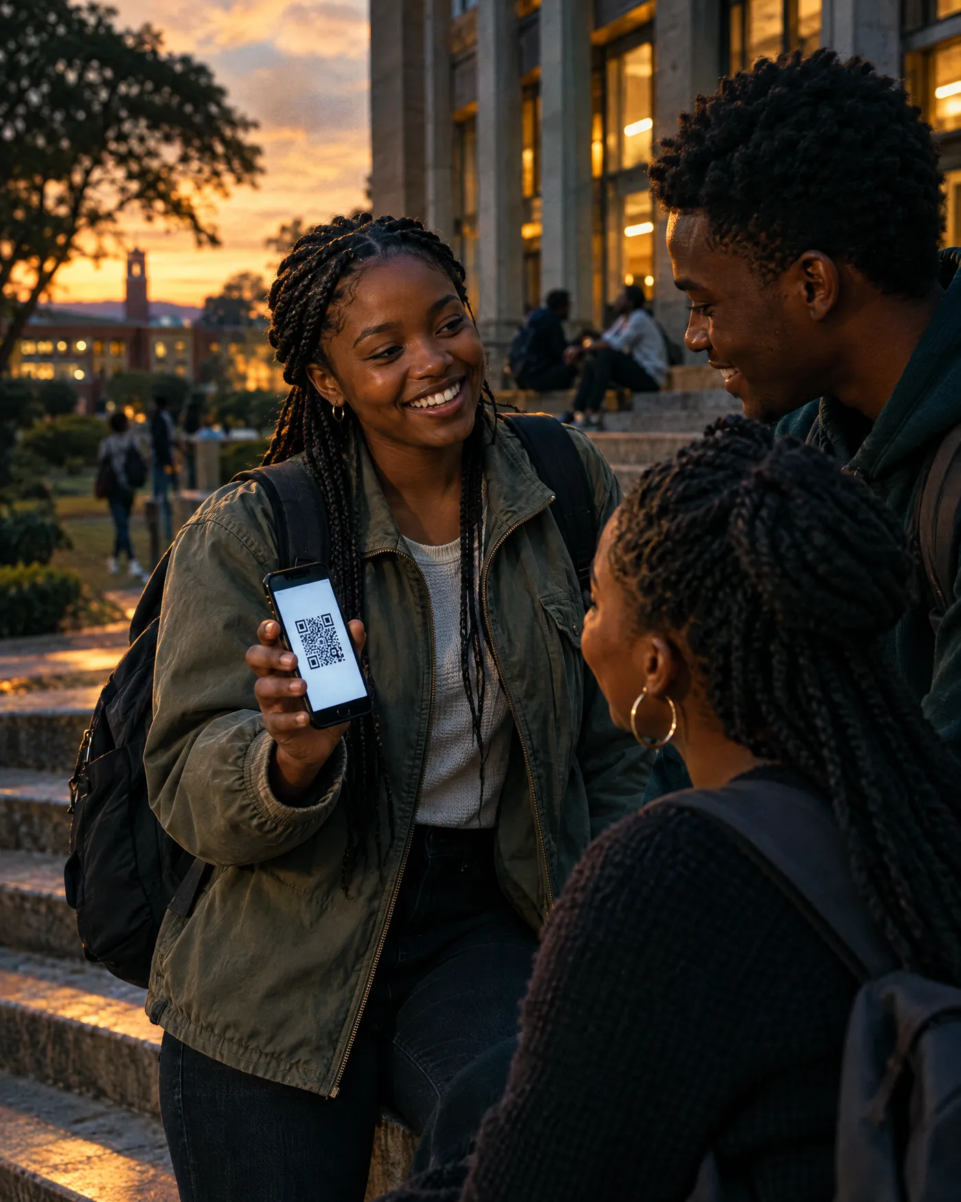 A student shows classmates a QR code on her phone on the steps of a lecture building at dusk
