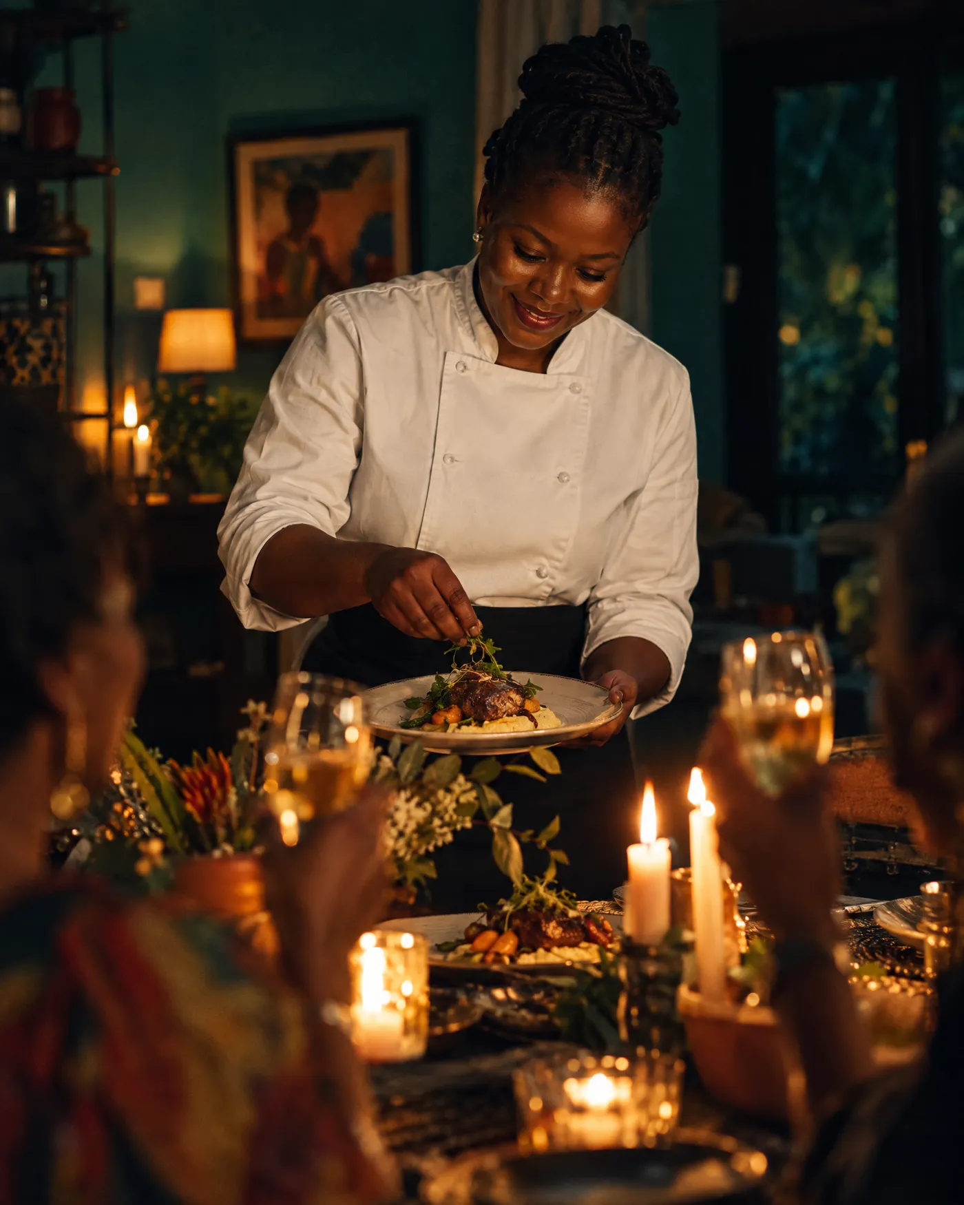 A private chef plates a dish at a candlelit celebration dinner in a family home
