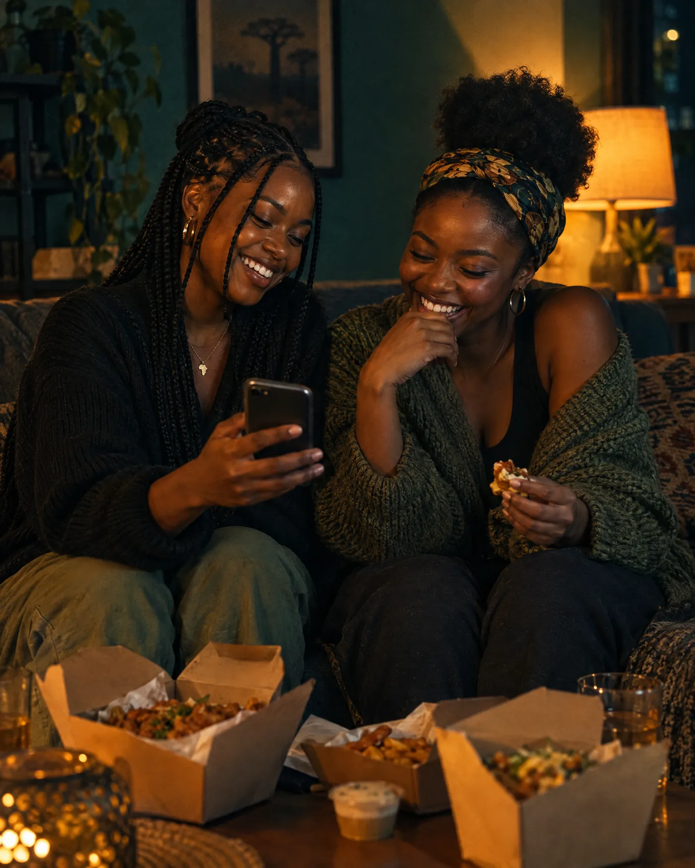 Two friends laugh on a couch over takeaway boxes while one shows the other her phone
