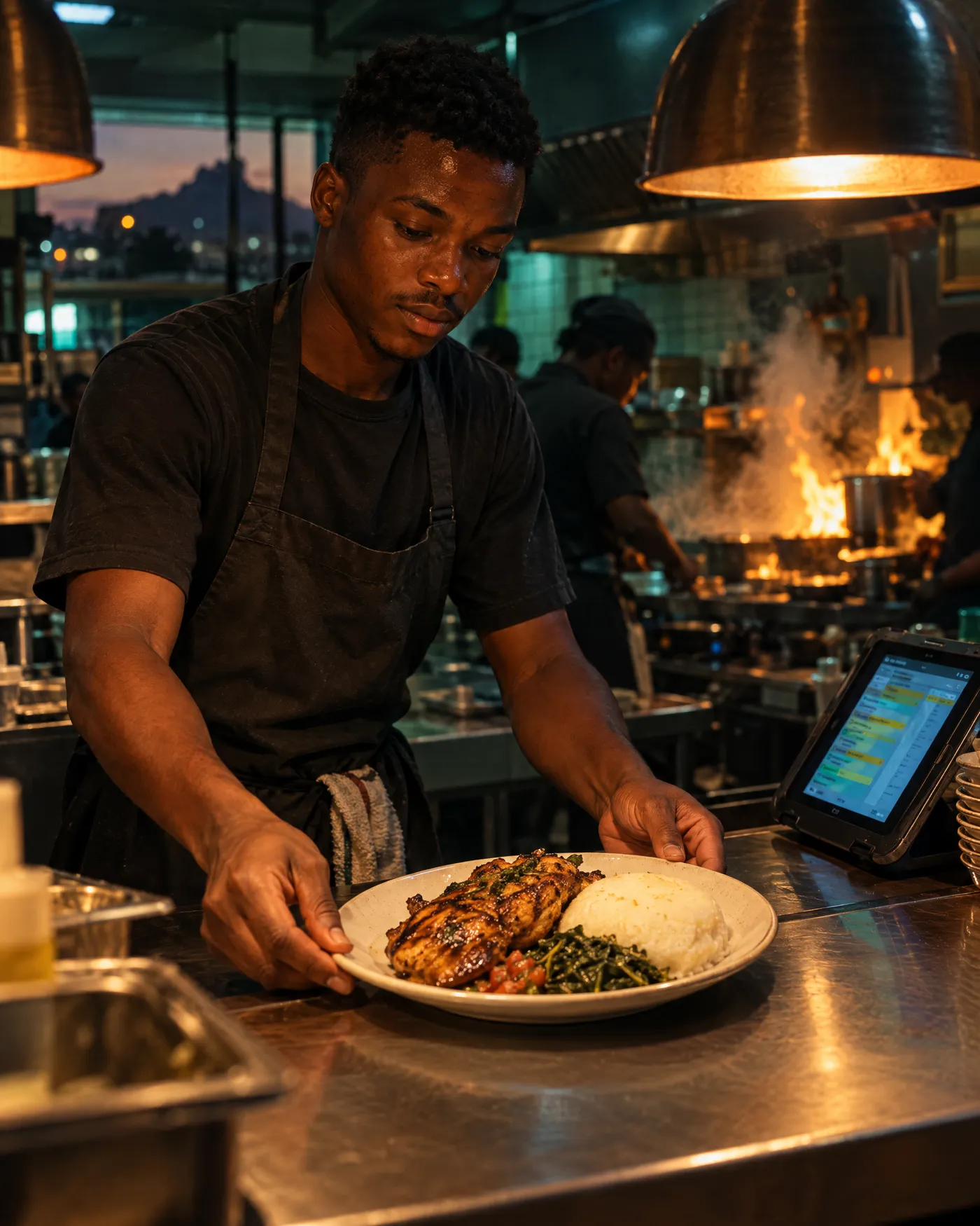 A cook sets a finished plate of grilled chicken and sadza on the pass of a busy kitchen at night