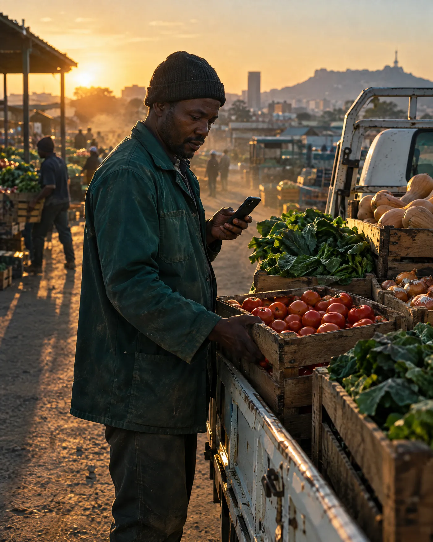 At sunrise, a supplier loads crates of tomatoes and greens onto a delivery truck at a produce market